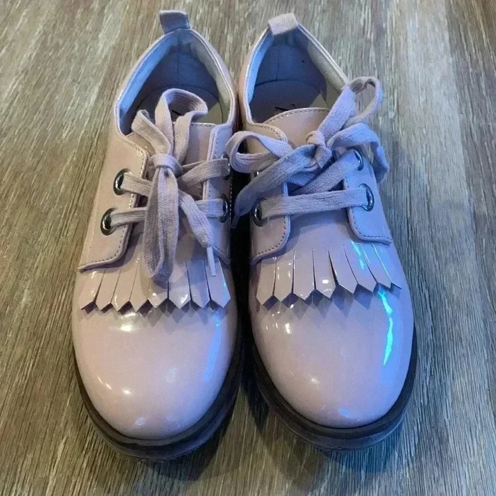 🩰Zara Girl Oxfords Ballet Pink Faux Patent Lace-Up Kilted Shoes Size 37 …